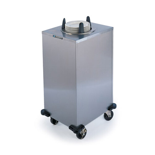 A Lakeside stainless steel mobile enclosed heated dish dispenser with plates inside.