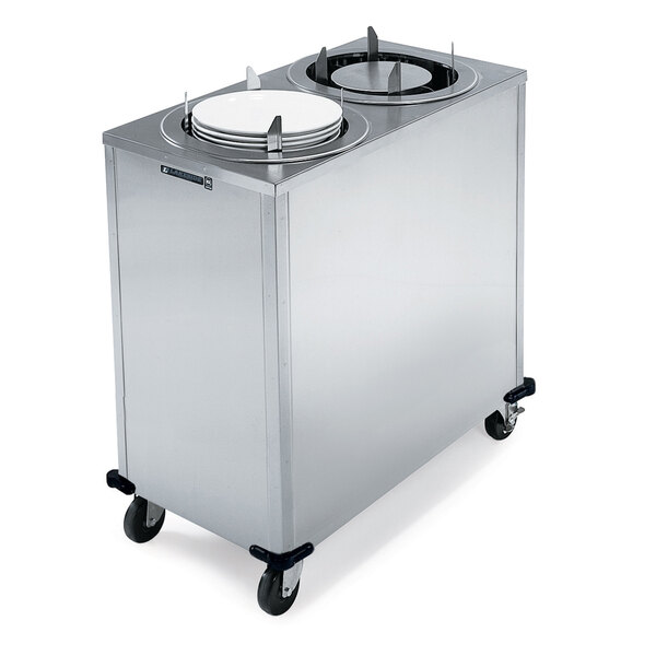 A Lakeside stainless steel mobile enclosed dish dispenser with two stacks of white dishes inside.