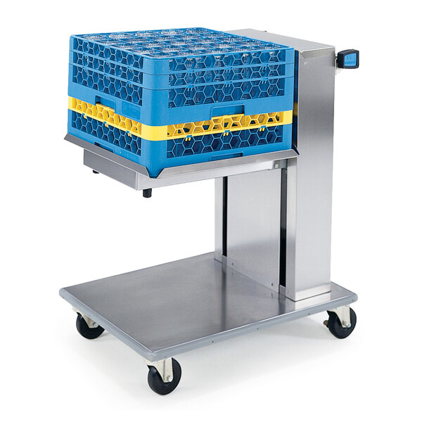 A Lakeside stainless steel cart with a blue and yellow crate holding a blue tray.