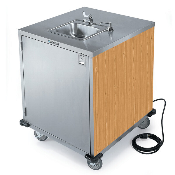 A Lakeside stainless steel portable hand sink on wheels.