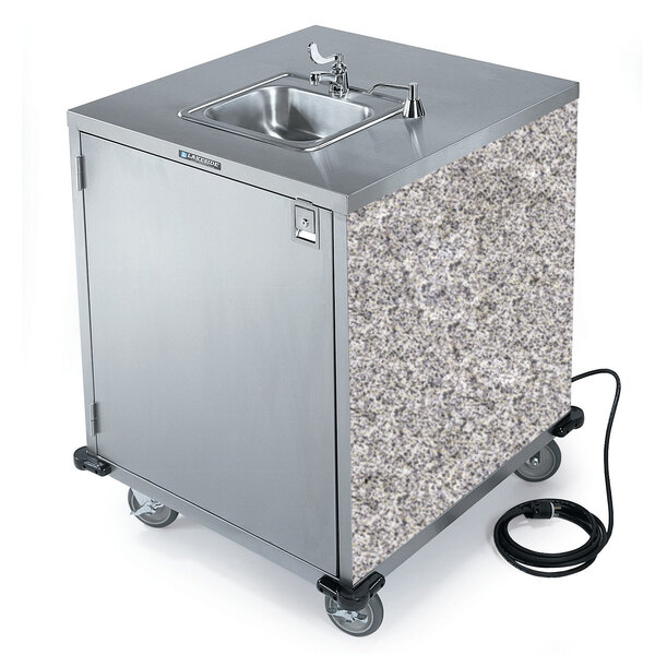 A Lakeside stainless steel hand sink on wheels.