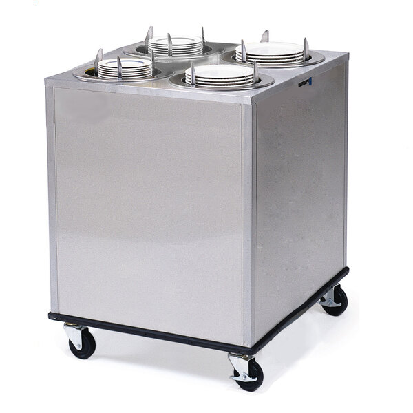 A Lakeside stainless steel mobile dish dispenser with four stacks of plates on it.