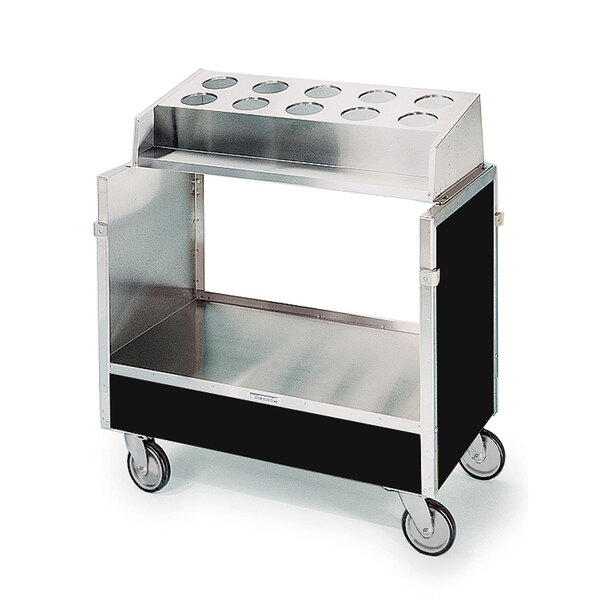 A stainless steel Lakeside silverware tray cart with a black vinyl finish.