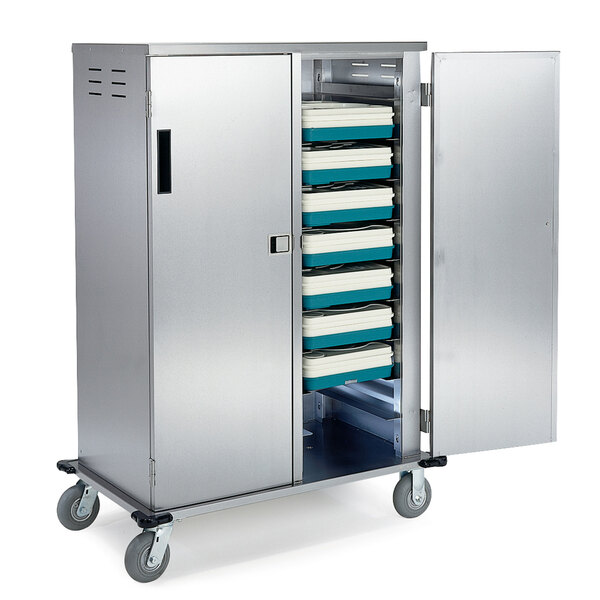 A Lakeside stainless steel tray cart with a door open.