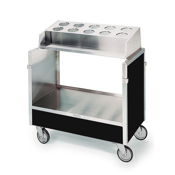 A Lakeside stainless steel silverware cart with a black laminate finish and four shelves.