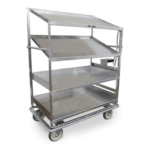 A Lakeside stainless steel dish cart with three shelves and wheels.
