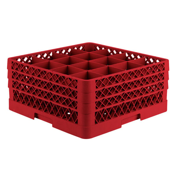 A red Vollrath Traex glass rack with 16 compartments.