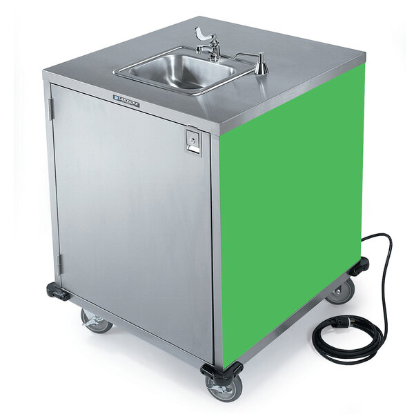 A Lakeside stainless steel hand sink cart with a green finish.