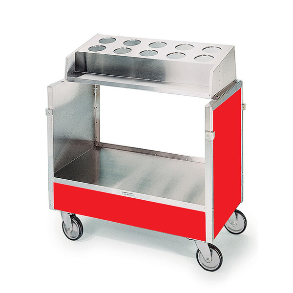 A Lakeside stainless steel silverware tray cart with a red frame and wheels.