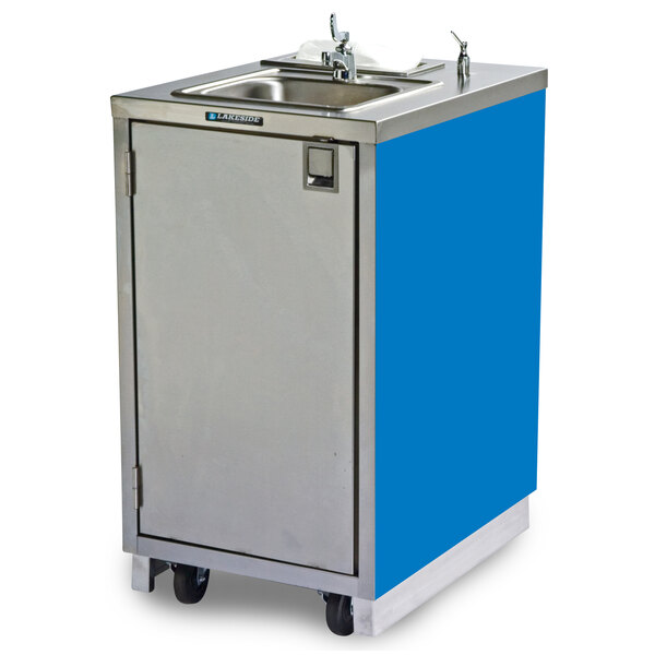 A Lakeside stainless steel hand sink cart with a blue door.