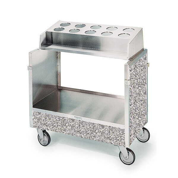 A Lakeside stainless steel silverware tray cart on wheels.