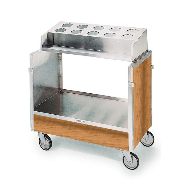A Lakeside stainless steel and light maple wood cart with two shelves and a flatware bin.