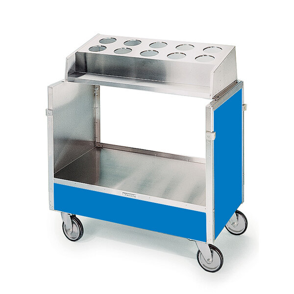 A blue and silver Lakeside dish cart with a tray on wheels.