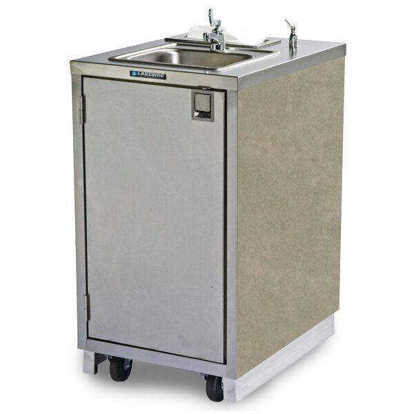 A Lakeside stainless steel hand sink on wheels with a metal cabinet.
