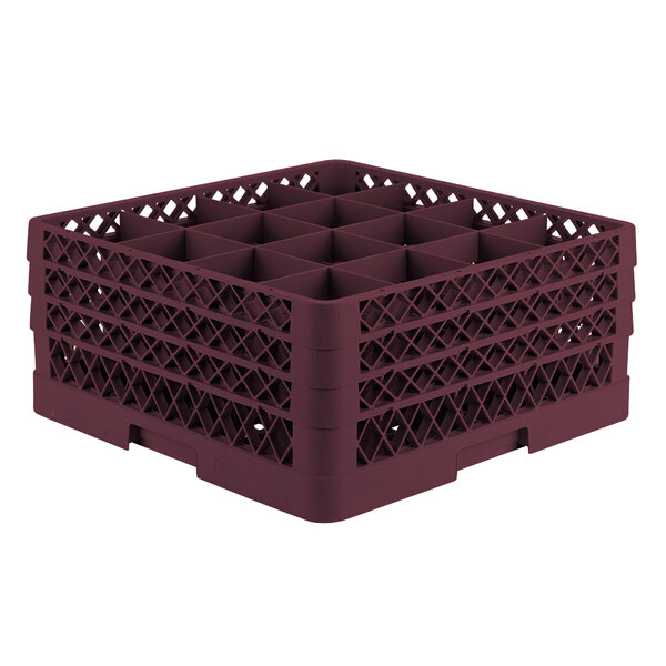 A burgundy Vollrath Traex glass rack with 16 compartments.