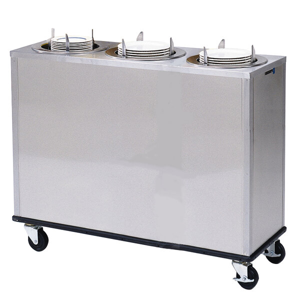 A large stainless steel Lakeside dish dispenser on wheels.