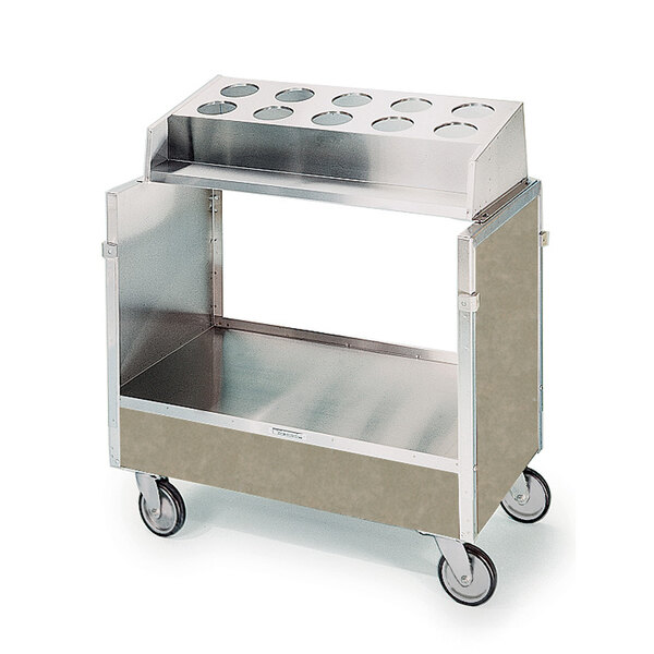 A stainless steel Lakeside silverware cart with shelves and a flatware bin on wheels.