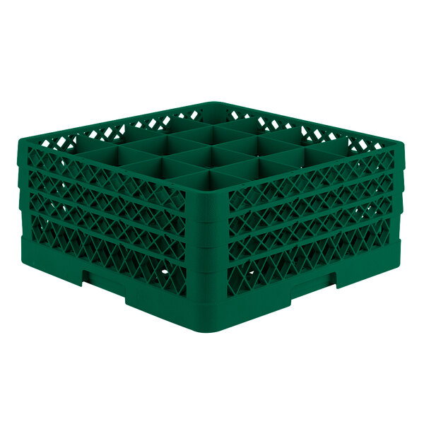 A Vollrath green plastic glass rack with 16 compartments.