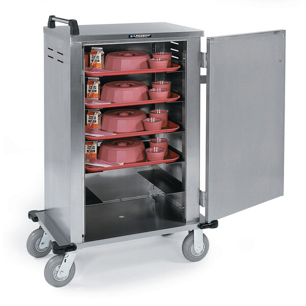 A Lakeside stainless steel tray cart with trays and cups inside.