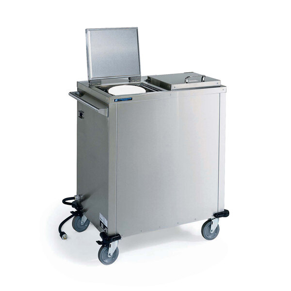 A Lakeside stainless steel mobile enclosed convection heated dish warmer on wheels.