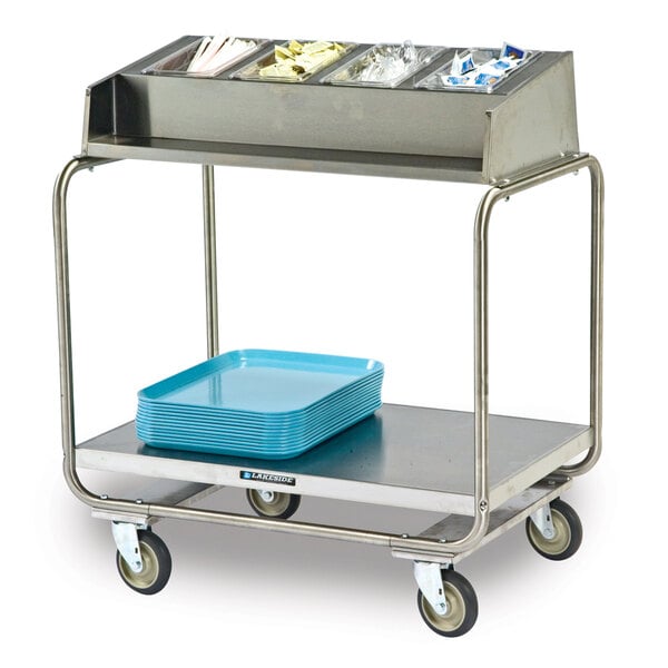 A Lakeside stainless steel condiment tray cart with trays on it.