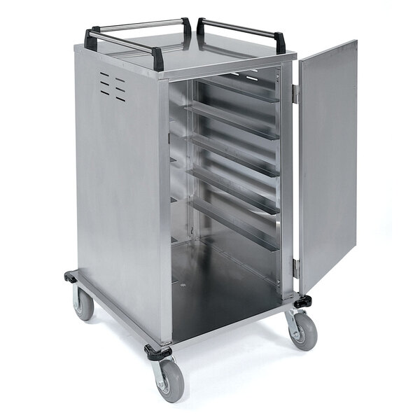 A silver Lakeside stainless steel tray cart with a door open.