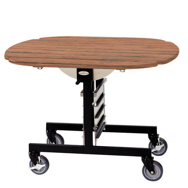 A Geneva oval room service table with wheels.