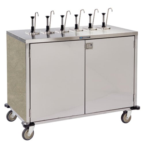 A Lakeside stainless steel condiment cart with 12 pumps and metal handles.