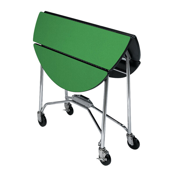 A green Lakeside round top fold-up table on wheels.