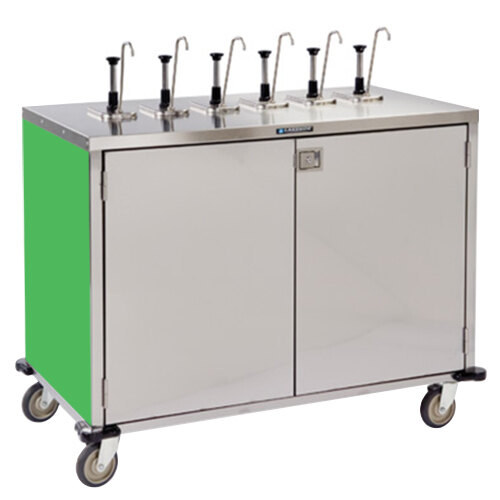 A stainless steel Lakeside serving cart with green and silver accents and 12 pumps.