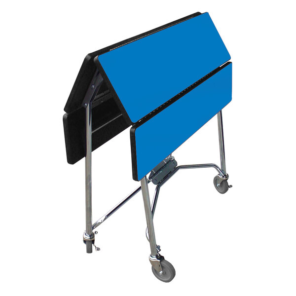 A Lakeside blue and black folding room service table with wheels.