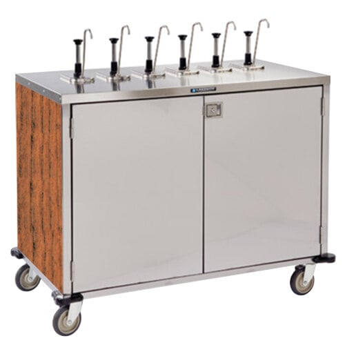 A stainless steel Lakeside condiment cart with metal pumps and a wood panel.