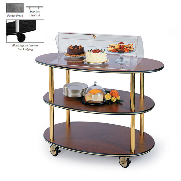 A Geneva serving cart with a cake on the top shelf.