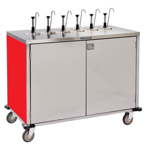 A stainless steel Lakeside serving cart with red accents and 12 condiment pumps.