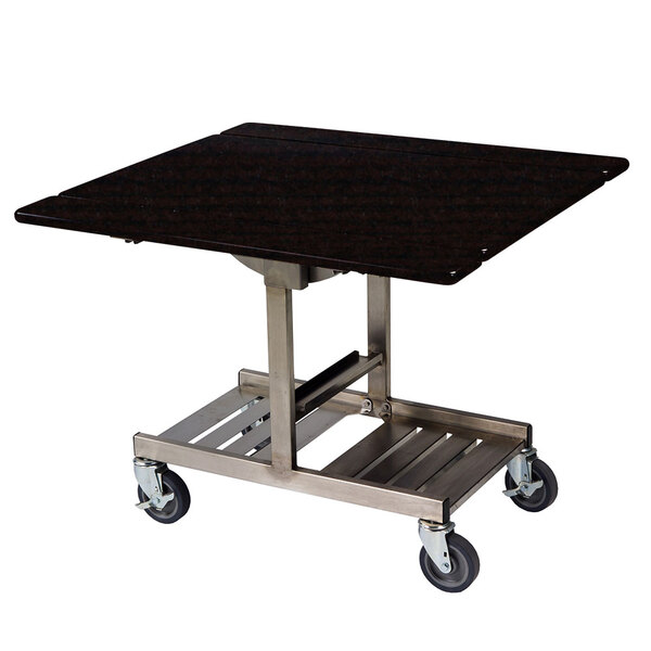 A black Geneva room service table with wheels on a metal cart.