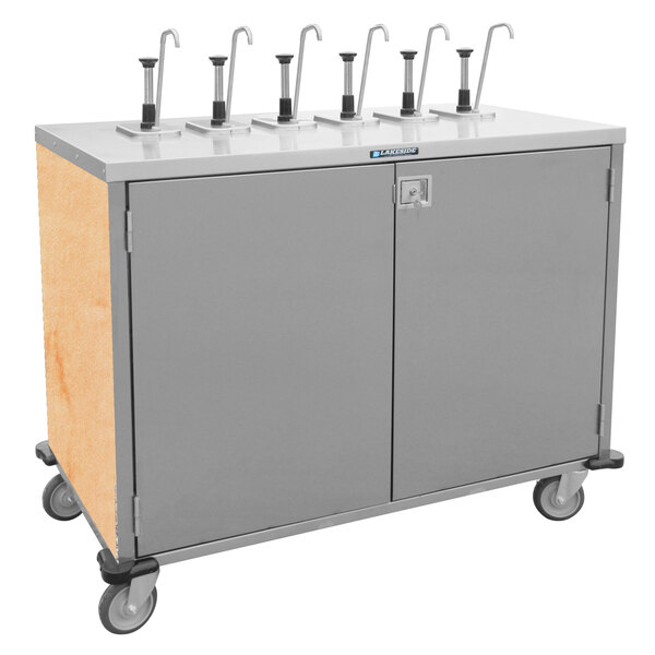 A gray Lakeside serving cart with four metal pumps.