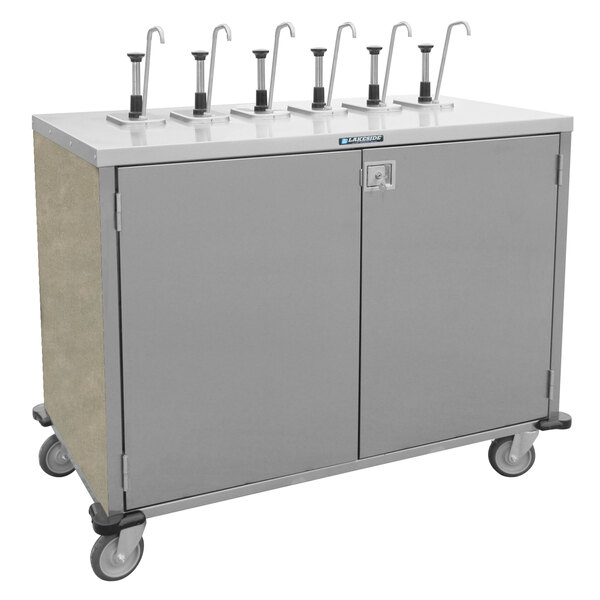 A stainless steel Lakeside serving cart with six metal pumps on it.