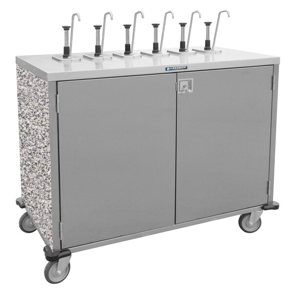 A stainless steel Lakeside serving cart with gray metal taps.