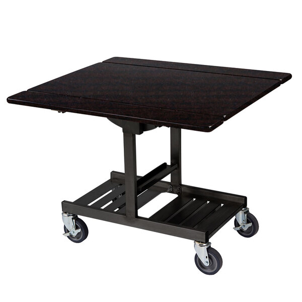 A Geneva rectangular room service table with an ebony wood finish and wheels.