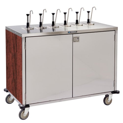 A stainless steel Lakeside condiment cart with red maple finish and 12 pumps.