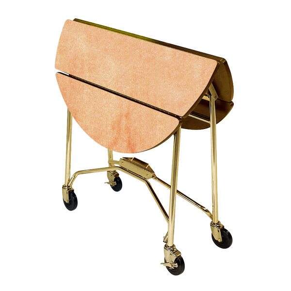 A Lakeside mobile round top room service table with a hard rock maple finish and wheels on a cart.