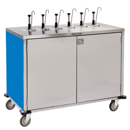 A stainless steel Lakeside serving cart with several metal pumps and blue accents.