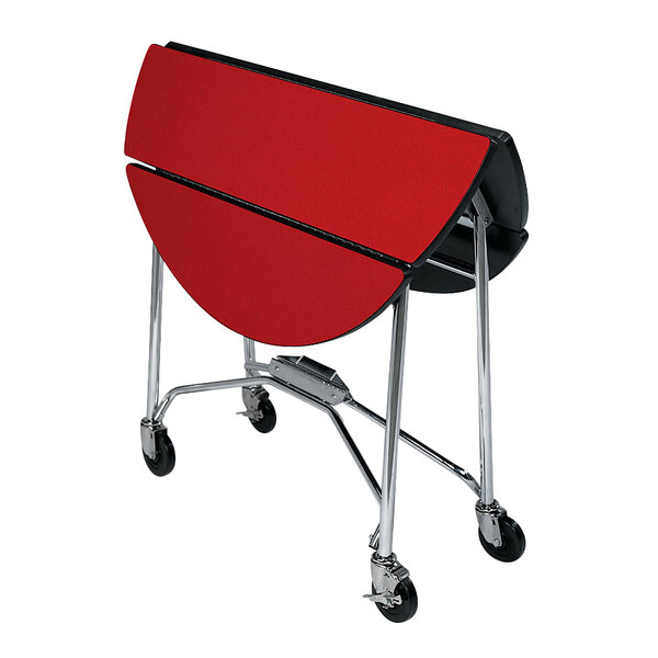 A red Lakeside mobile folding table on wheels.