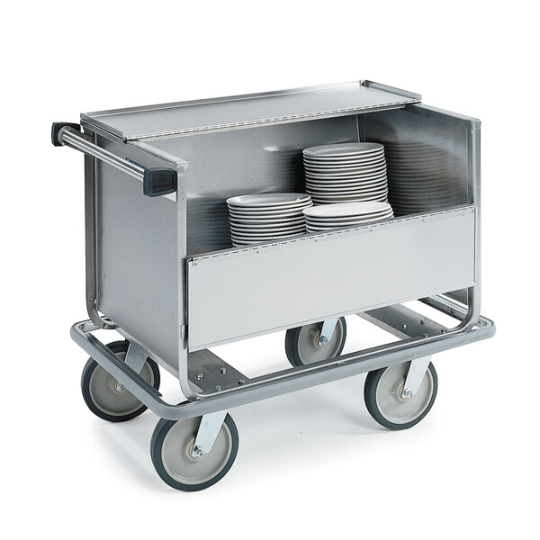A Lakeside stainless steel dish cart full of plates.