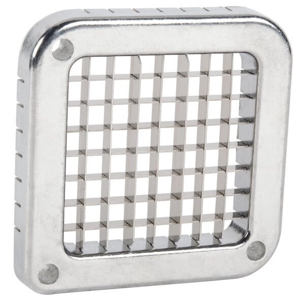 A metal square blade with a grid of holes on it.