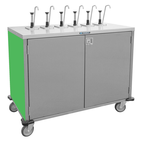 A grey and green Lakeside condiment cart with metal pumps on it.