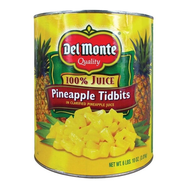A Del Monte #10 can of pineapple tidbits in juice with a Del Monte label.