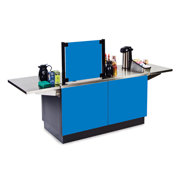 A Lakeside stainless steel coffee kiosk with a blue laminate counter and a coffee machine.