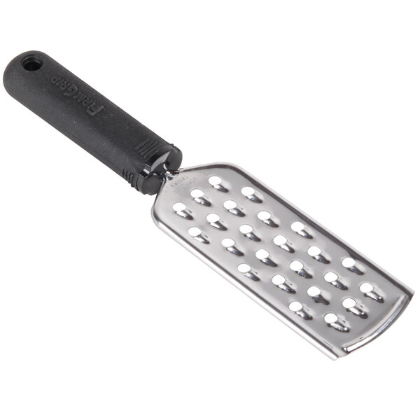 A Tablecraft stainless steel grater with a black metal handle.