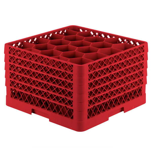 A red Vollrath Traex glass rack with an open rack extender on top.